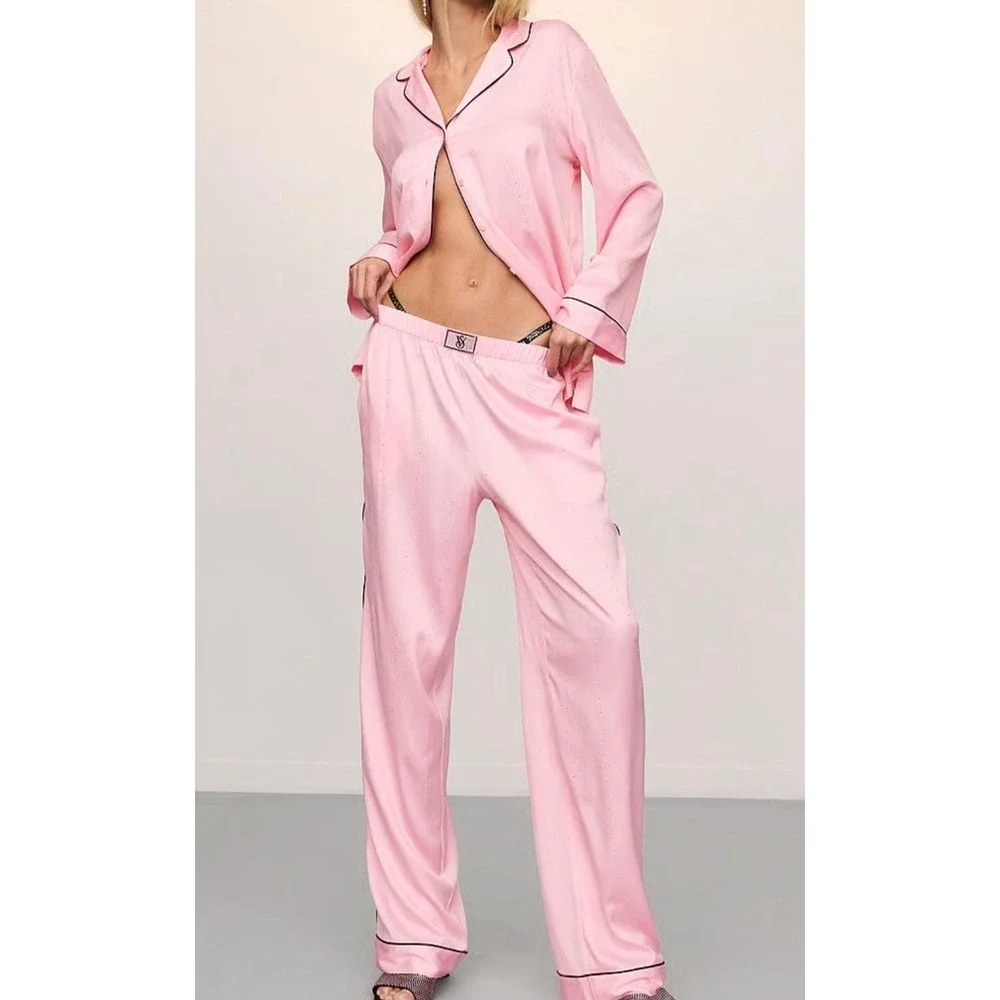 VICTORIA'S SECRET Pajama Women XL Long PJ Set Light Pink Chiffon Satin Sequin